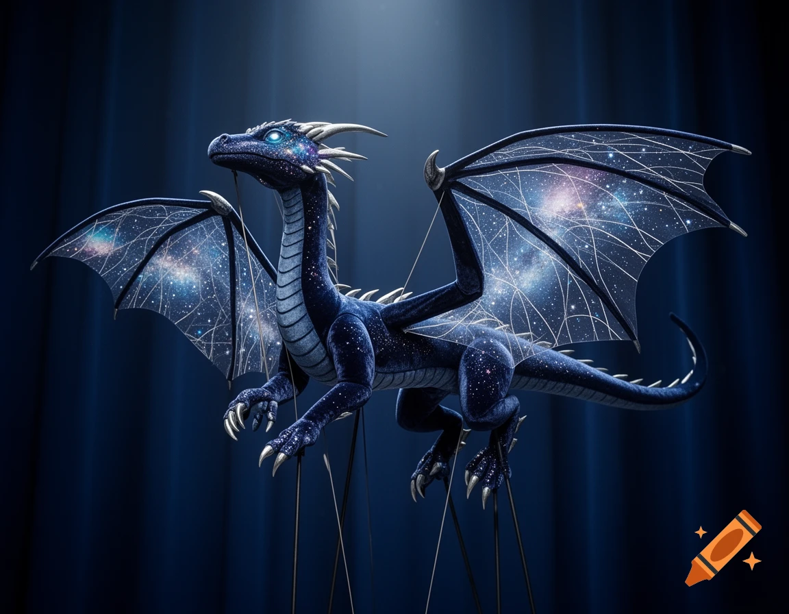 A dark blue dragon puppet with galaxy-filled wings and glowing blue eyes, against a deep blue background.