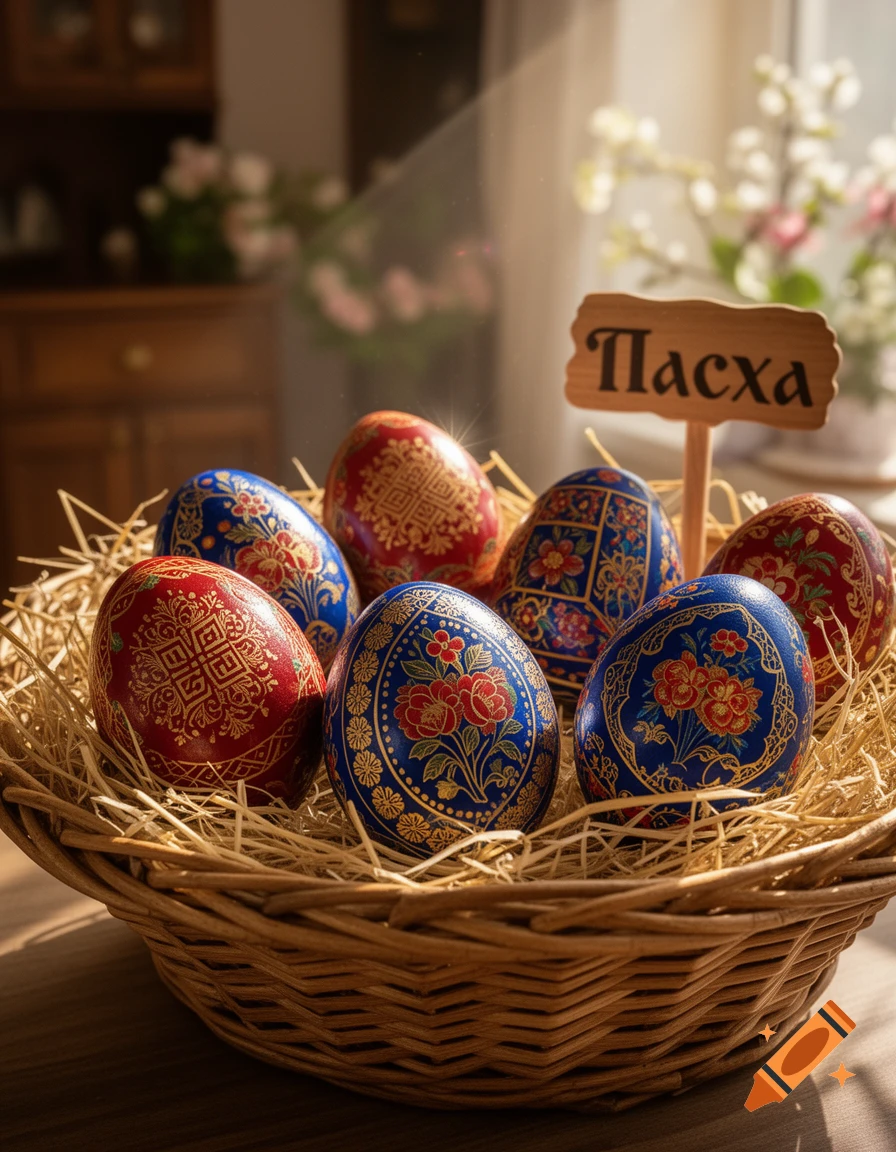 A wicker basket filled with straw holds several elaborately decorated red and blue Easter eggs with gold patterns. A sign reads 'Пасха'.