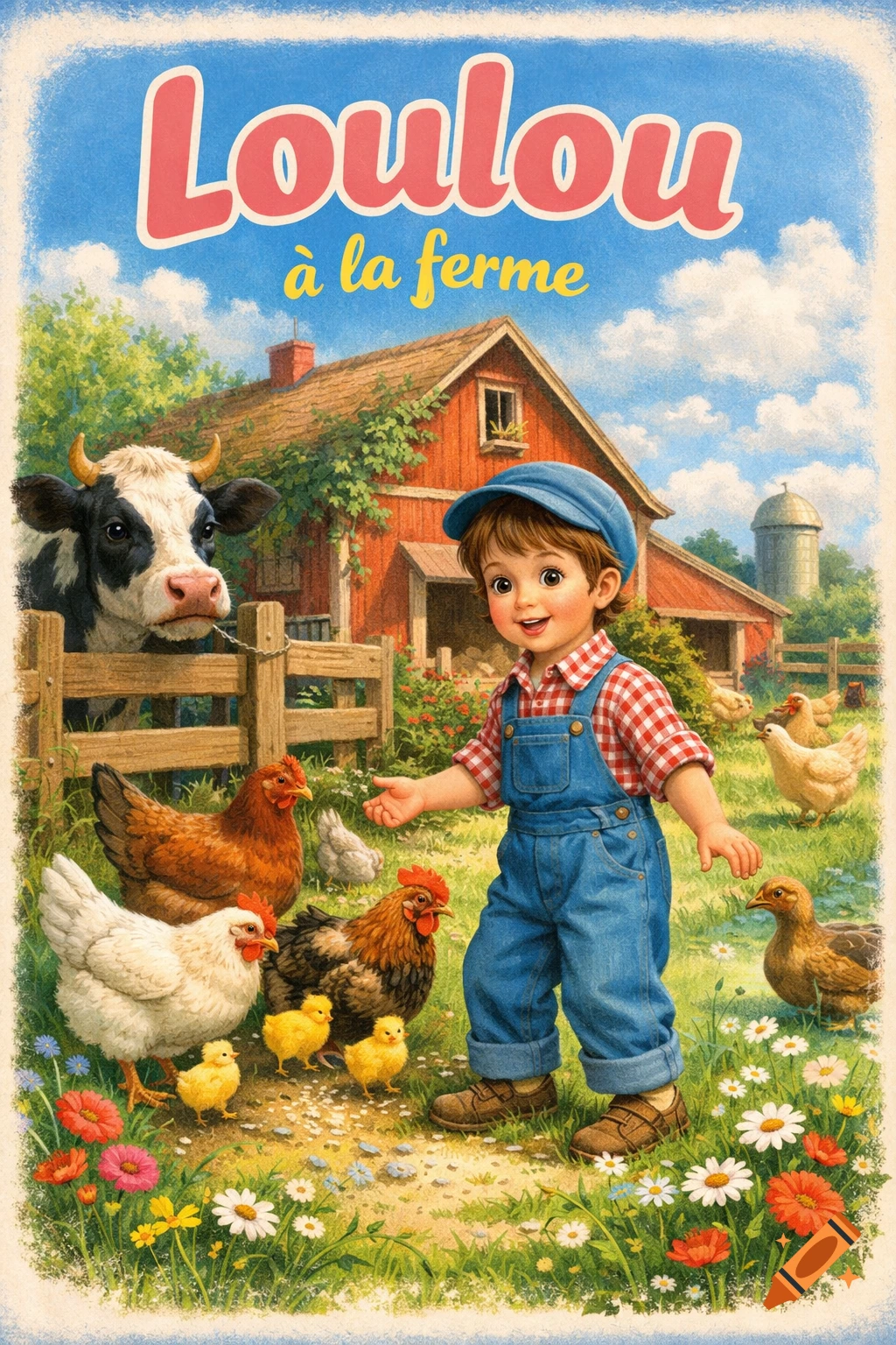 Illustration in children's book style showing a happy boy on a farm with chickens, chicks, a cow, and a red barn under a blue sky. Title: Loulou à la ferme.