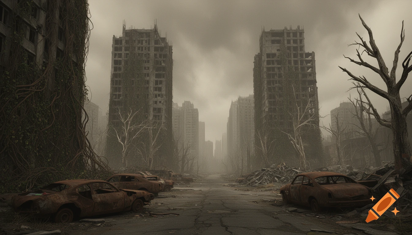 A photorealistic view of a desolate, fog-shrouded post-apocalyptic city with crumbling, vine-covered skyscrapers, dead trees, and rusted abandoned cars on cracked streets.