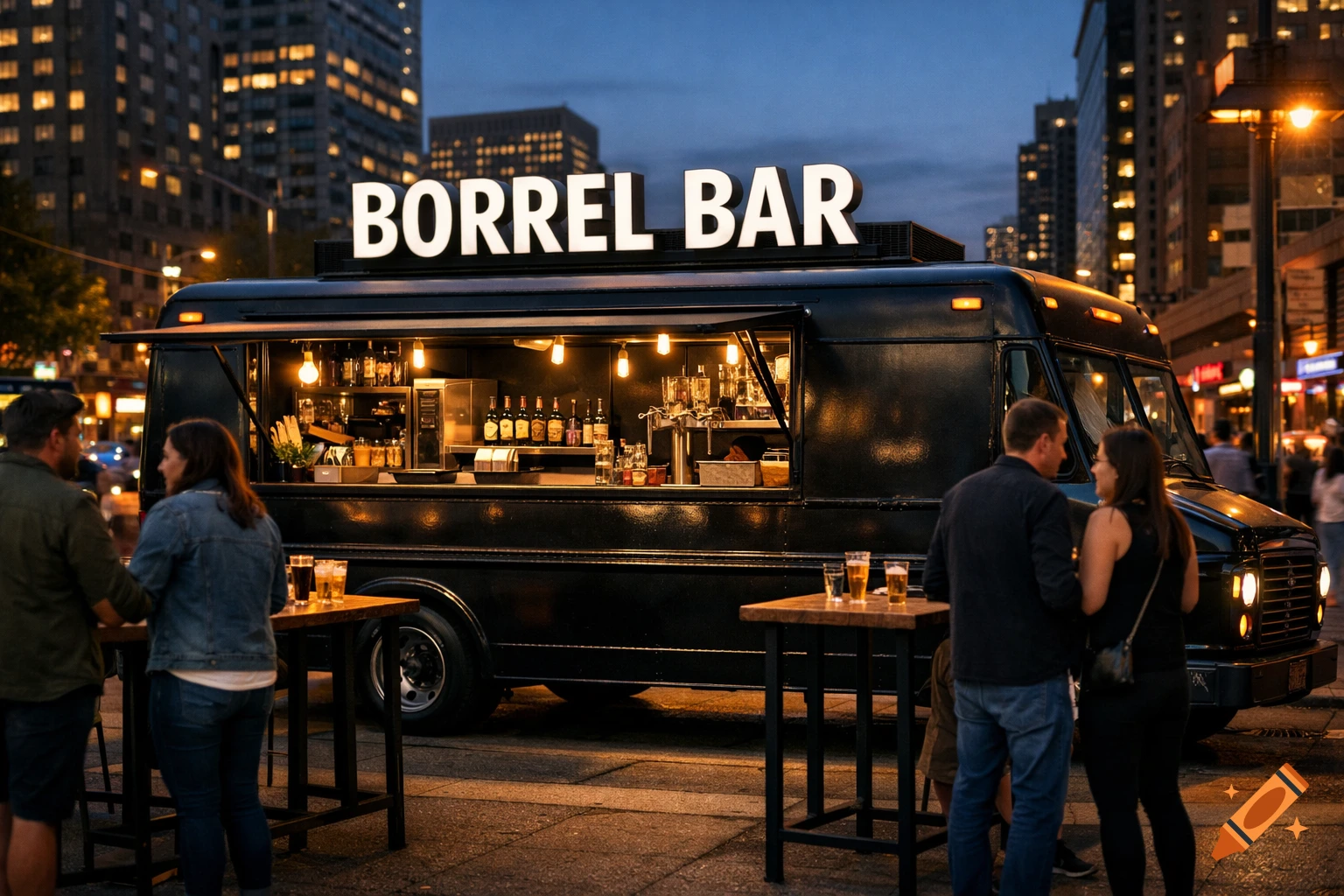A black food truck with 'BORREL BAR' on its roof is lit up at night in a city, with people socializing and drinking around it.