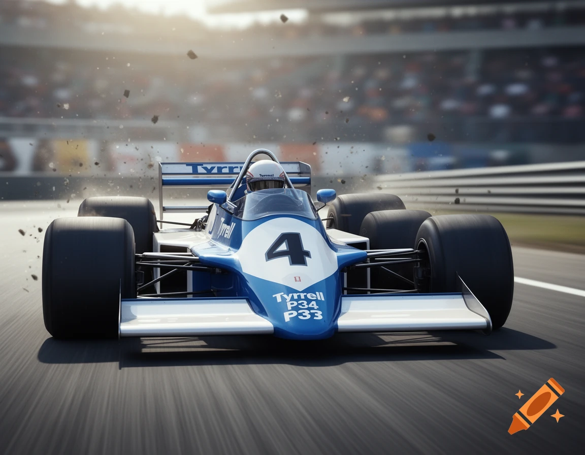 A photorealistic illustration of a blue and white 1977 Tyrrell P34 F1 car with race number 4 speeding on a track, with debris flying.