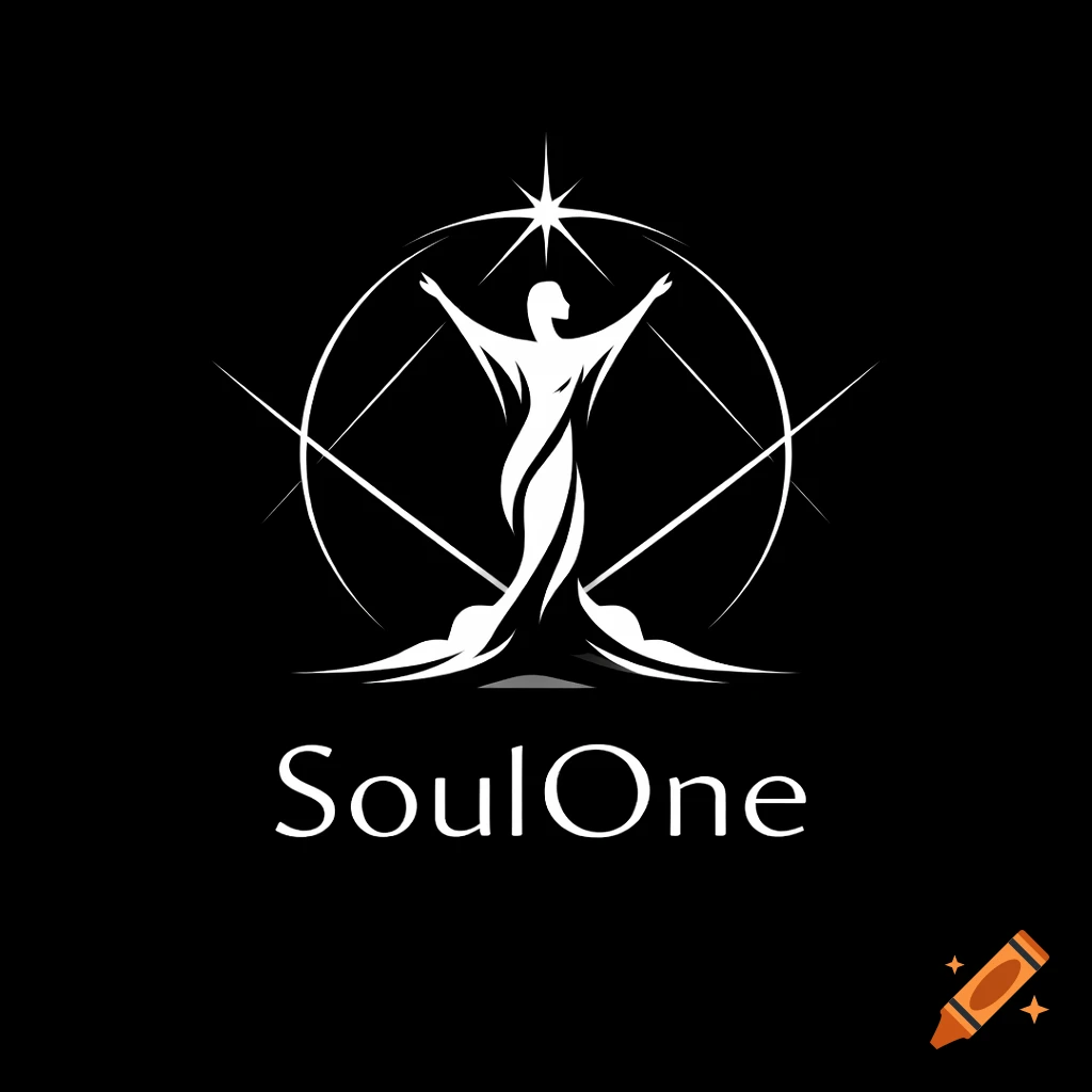 Minimalist black and white logo with a stylized human figure with outstretched arms, surrounded by a circle and lines, with 'SoulOne' text below.