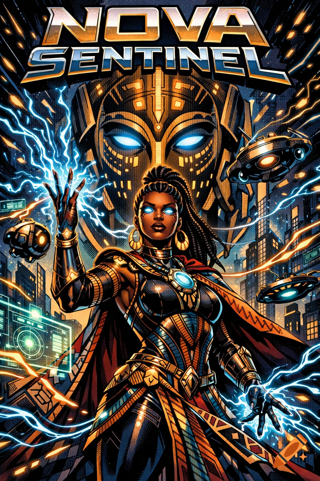 Afrofuturistic comic book cover featuring a powerful Black female superhero in gold and black armor, glowing blue eyes and energy, against a futuristic city and large golden mask.