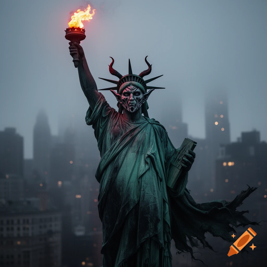 A dark, moody image of a demonic Statue of Liberty with horns and a fiery torch, standing against a foggy city skyline.