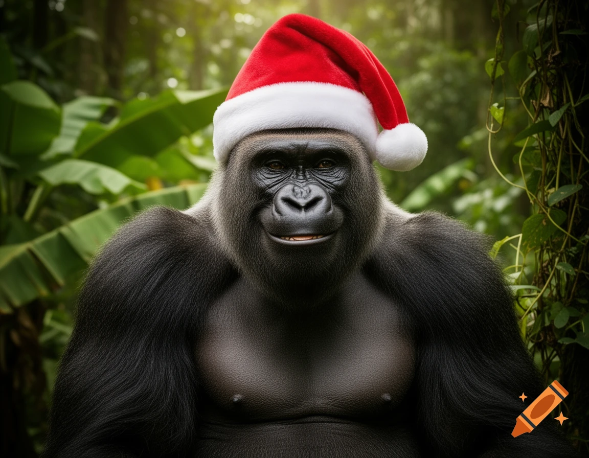 A photorealistic gorilla in a lush jungle setting wears a red and white Santa hat and smiles at the viewer.