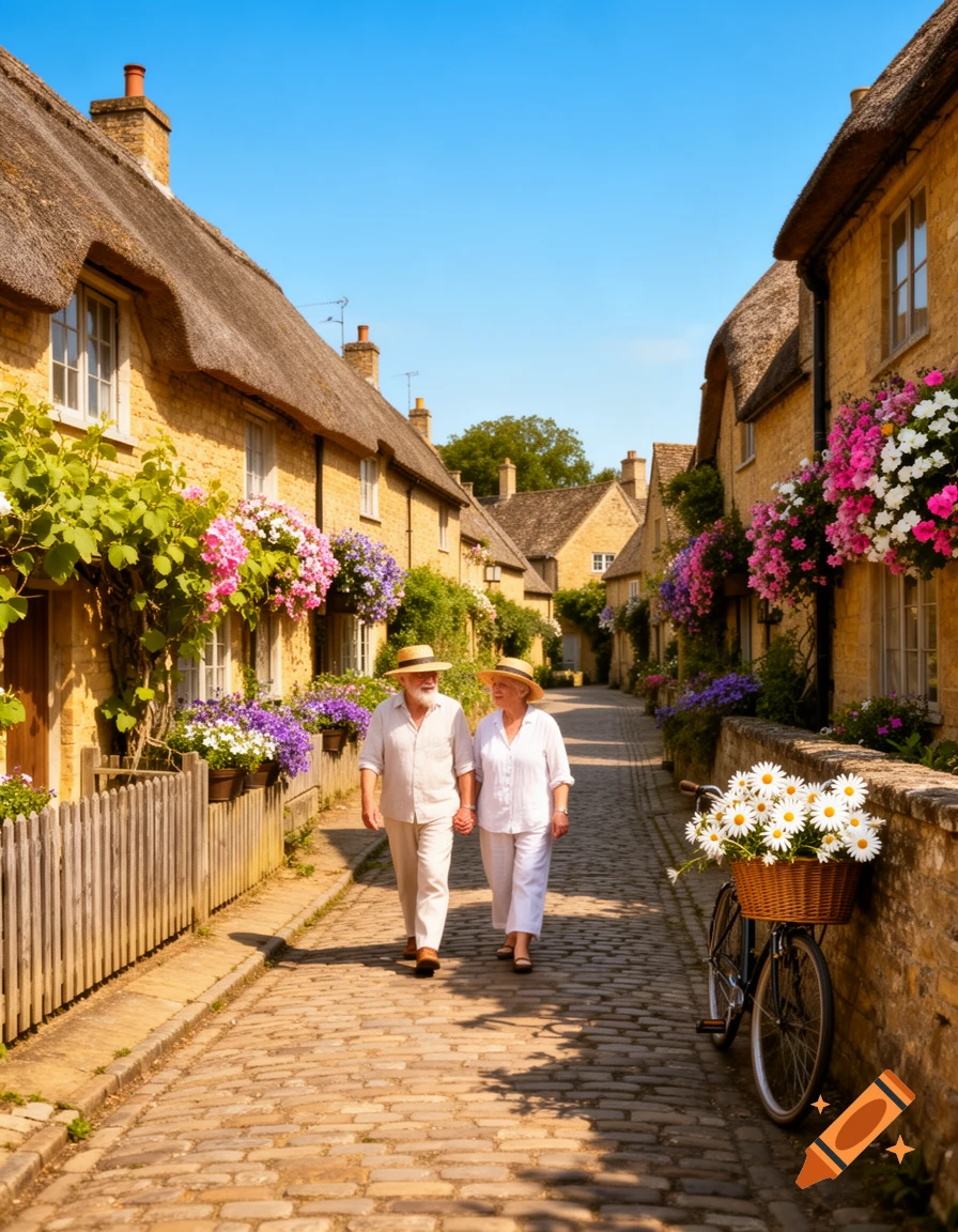 An elderly couple walks hand-in-hand down a cobblestone street lined with thatched-roof houses adorned with colorful flowers.