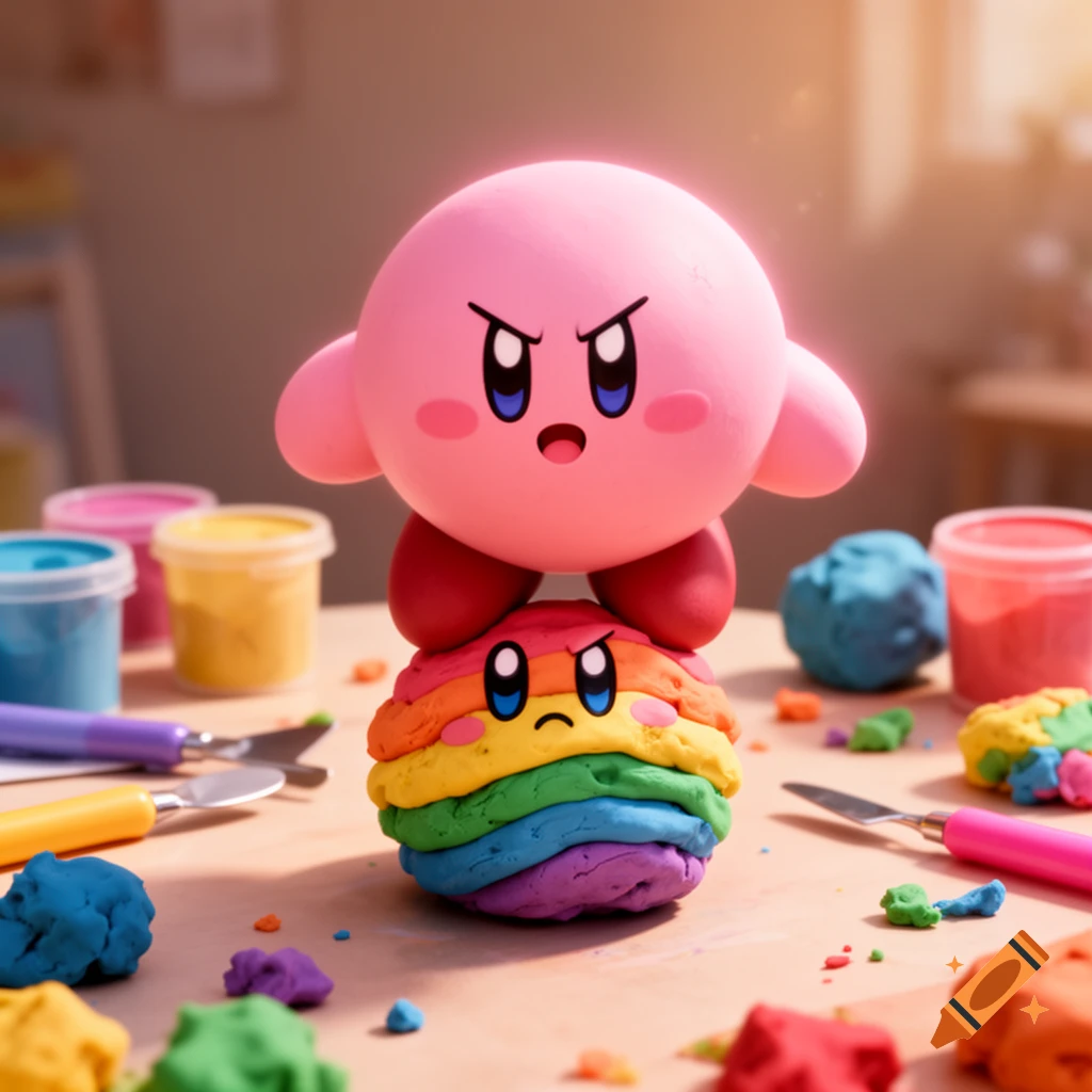 Pink Kirby stands with an angry expression on a sad, rainbow play-doh Kirby amidst crafting tools and colorful play-doh.