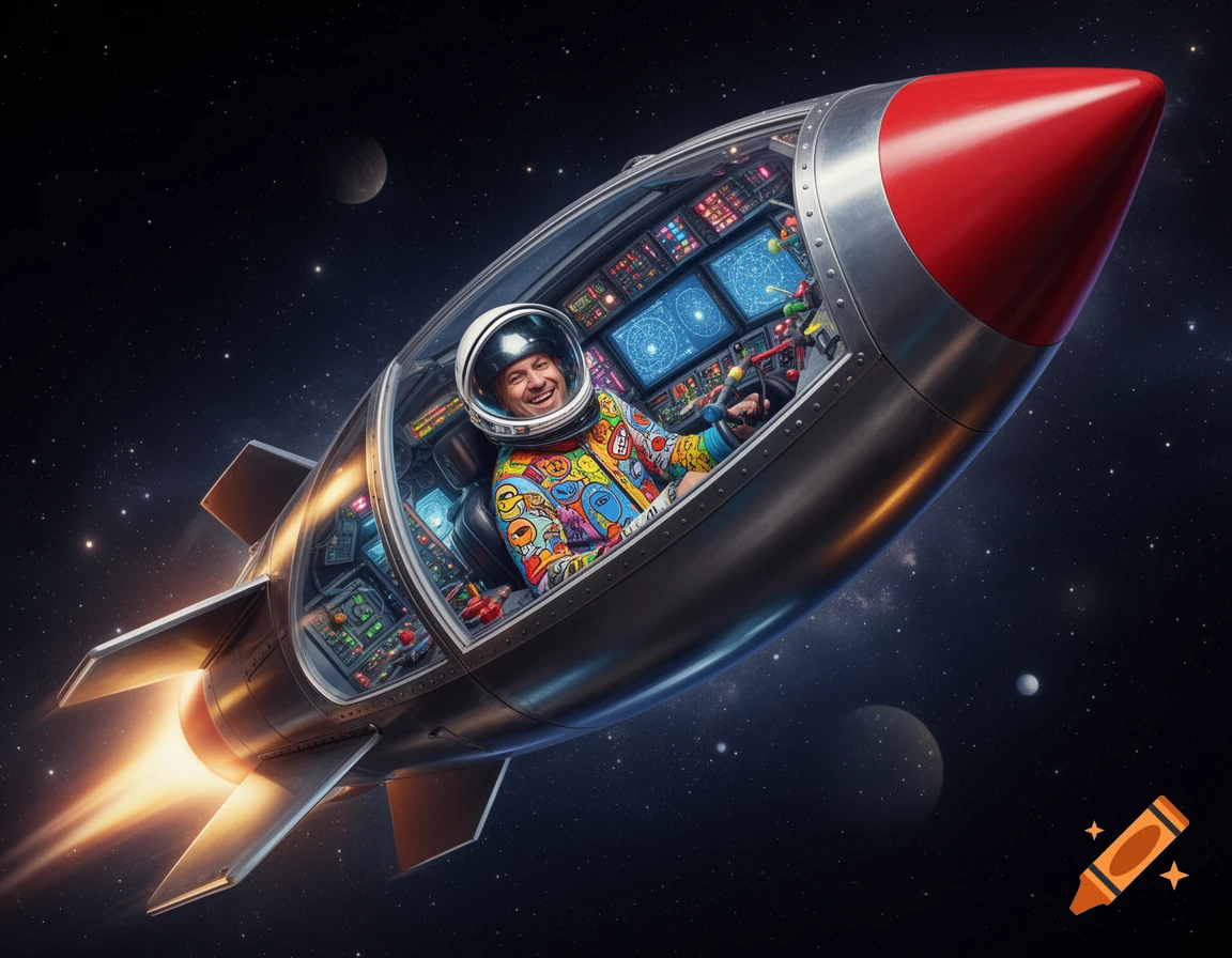 A man in a colorful jacket and astronaut helmet smiles while piloting a sleek silver rocket through deep space with planets and stars visible.