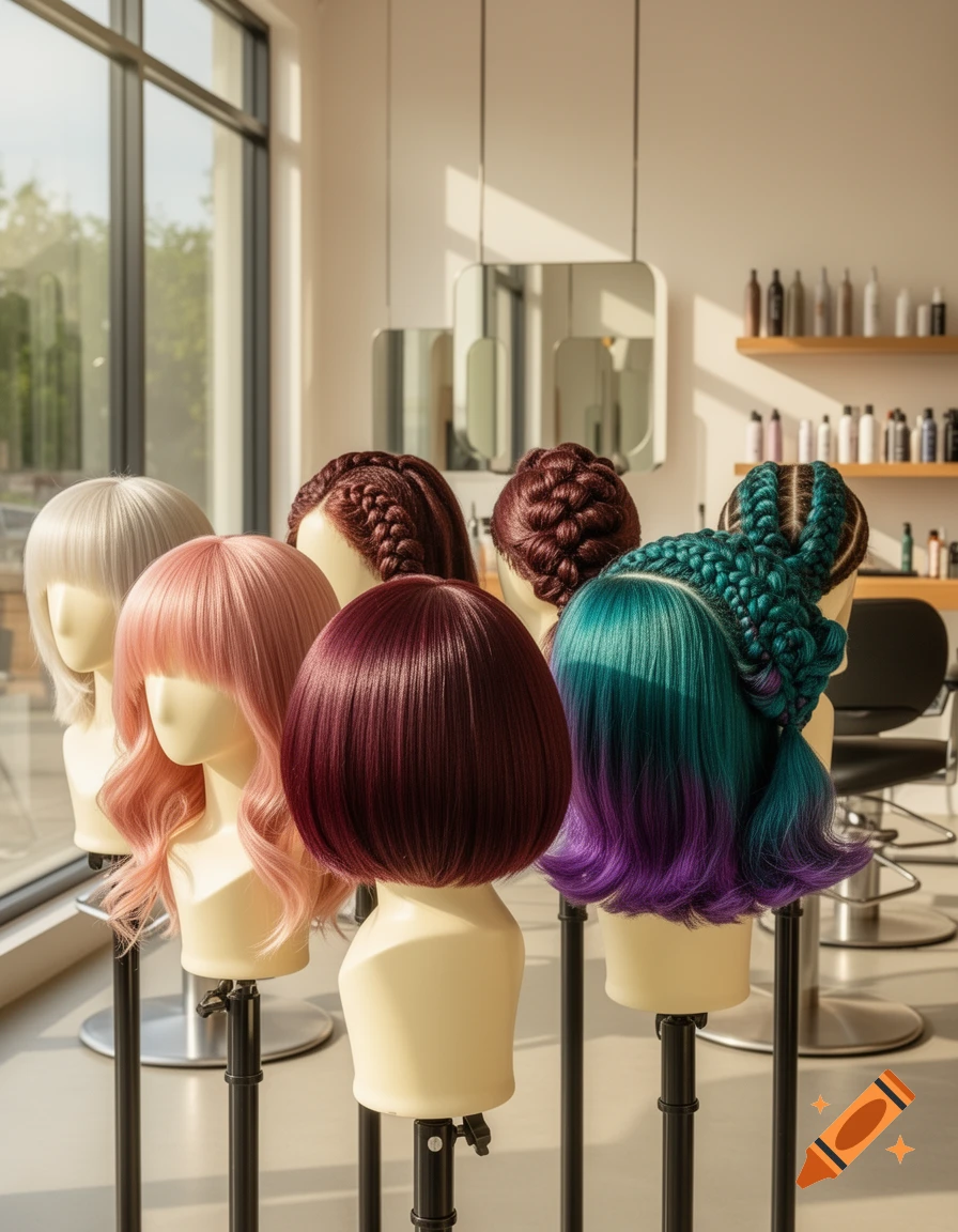 Mannequin heads displaying various colorful and braided hairstyles in a modern hair salon.