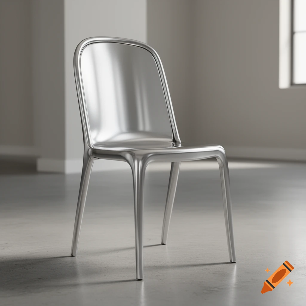 A sleek, modern silver chair with reflective surfaces stands in a minimalist, dimly lit room.