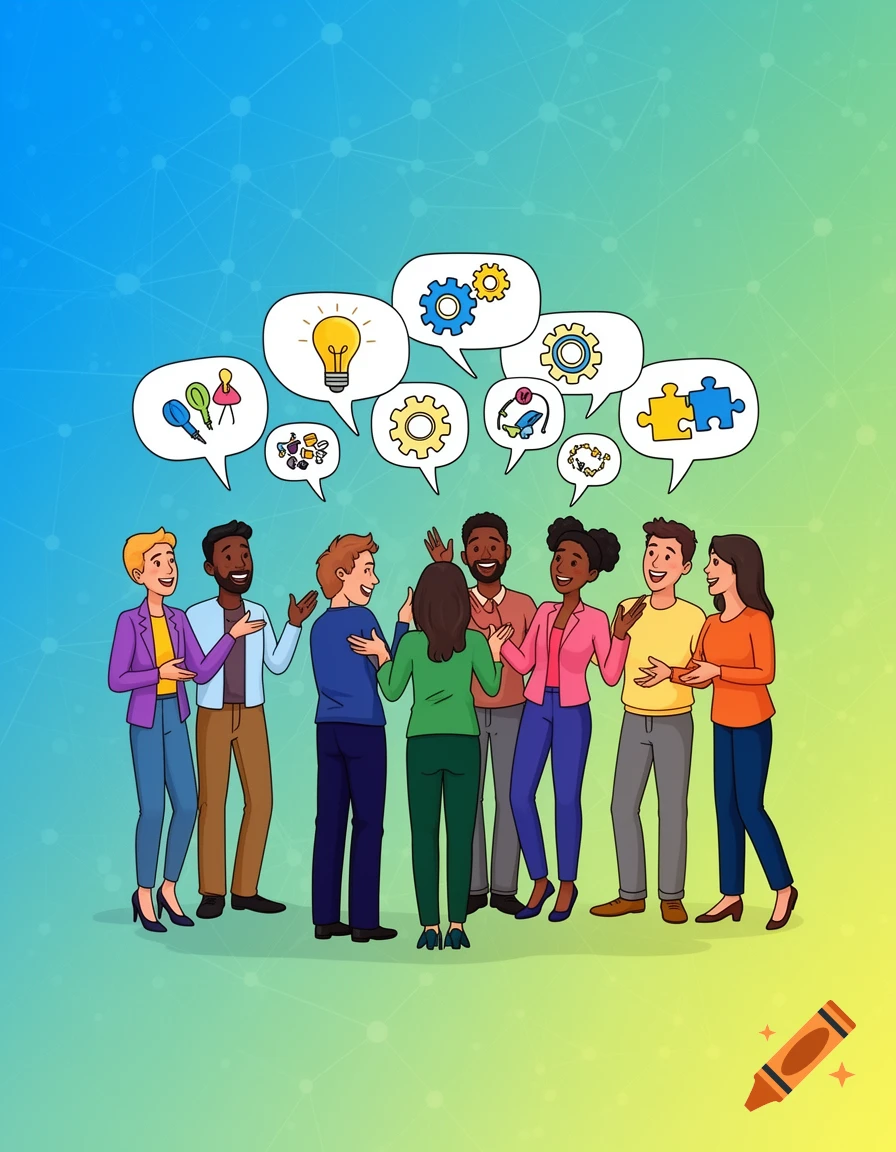 Clipart illustration of a diverse group of people discussing ideas, with thought bubbles showing symbols like a lightbulb and gears.