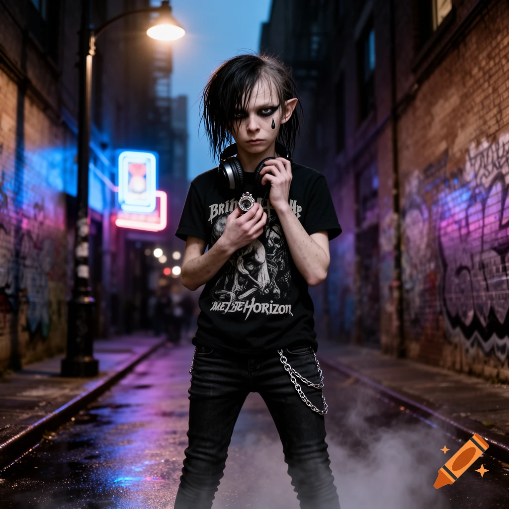 A gaunt emo kid with elf ears and dark makeup holds headphones in a neon-lit alley filled with graffiti and mist.