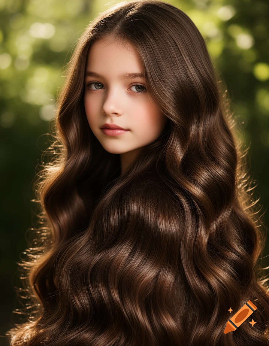 Photorealistic portrait of a young girl with long, wavy, voluminous brown hair, with a blurred green background.