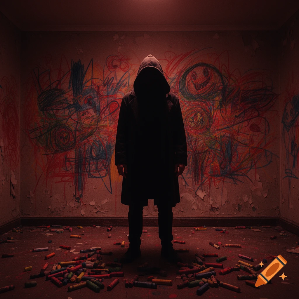 A dark, hooded figure stands silhouetted in a dilapidated room, walls covered in crayon scribbles and floor littered with crayons.
