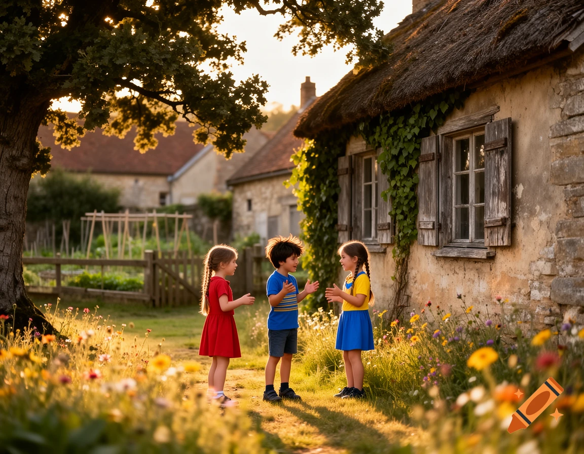 Three children talk in a sunlit village garden near a stone house with a thatched roof, surrounded by wildflowers and a large tree.