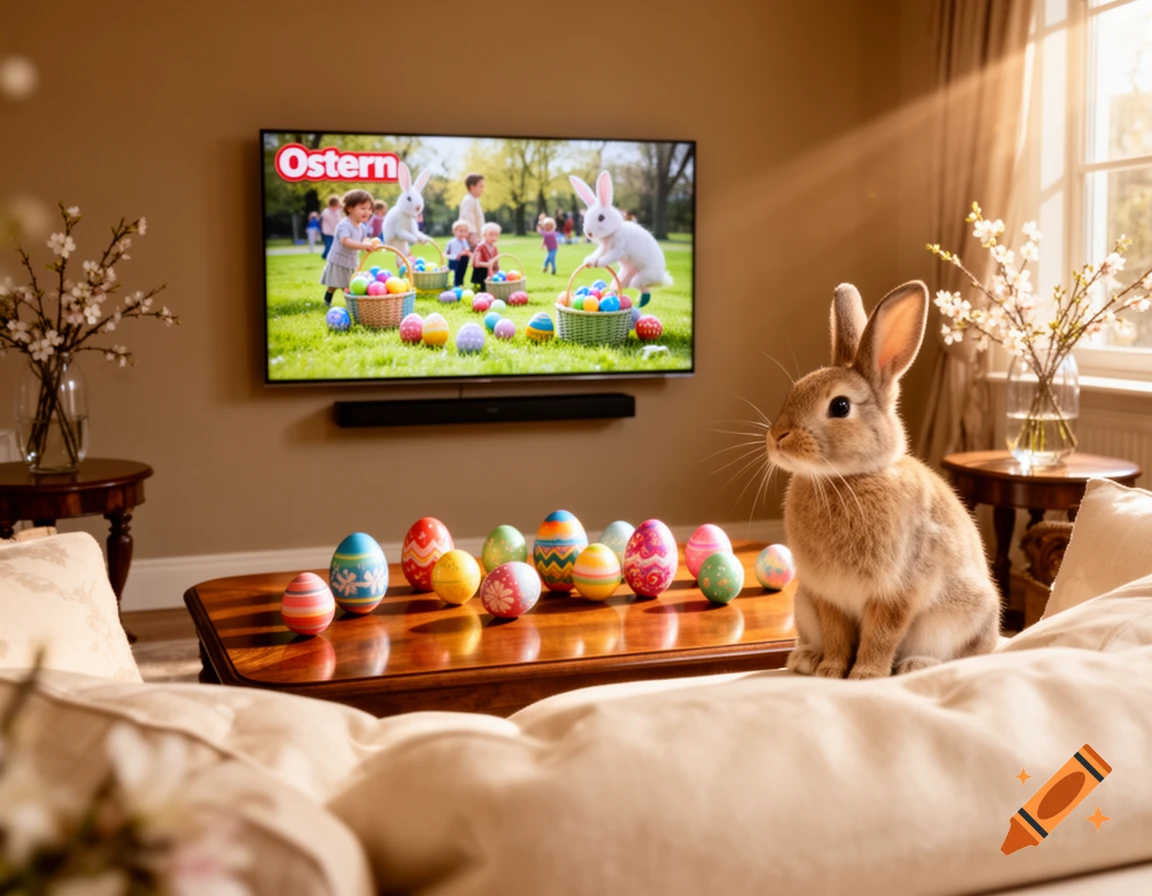A fluffy brown rabbit sits on a couch in a cozy living room, surrounded by decorated Easter eggs, watching an Easter scene on the TV.
