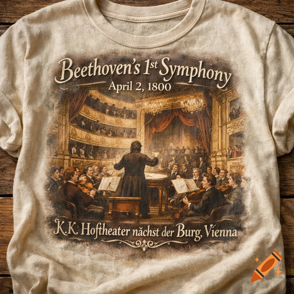 A beige t-shirt featuring a classical painting of an orchestra with a conductor in a grand concert hall. Text on the shirt reads "Beethoven's 1st Symphony, April 2, 1800, K.K. Hoftheater nächst der Burg, Vienna".