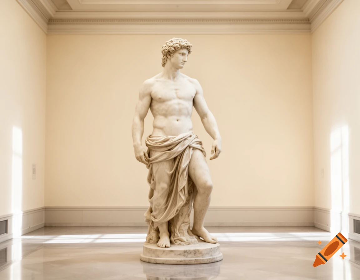 A photorealistic white marble statue of a muscular man with drapery stands in a brightly lit museum hall.