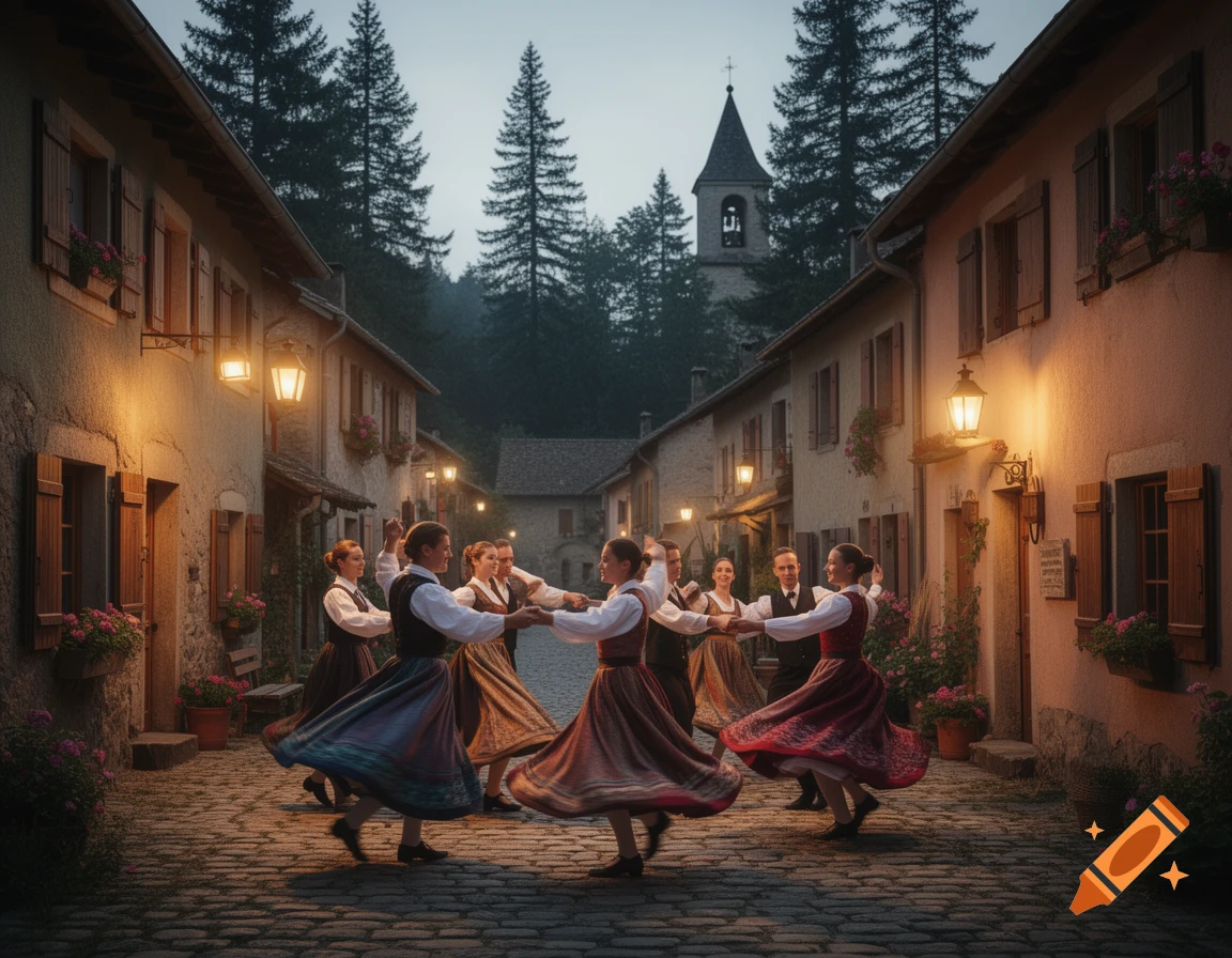Dancers in traditional attire perform a folk dance on a cobblestone street in a charming European village at dusk.