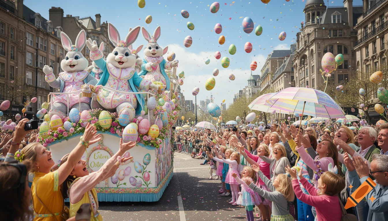 An Easter parade with bunny mascots on a float throwing colorful eggs to a cheering crowd on a city street.