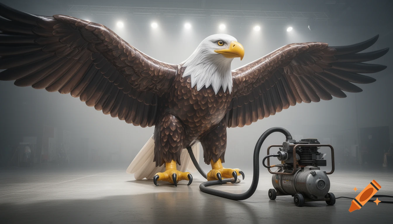 A colossal inflatable bald eagle with outstretched wings stands in a foggy, spotlighted room next to an air compressor.