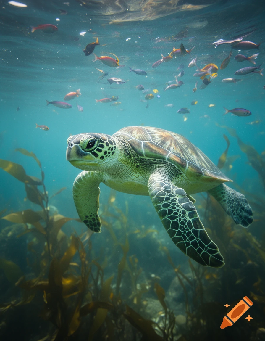 A green sea turtle swims underwater amidst schooling fish and kelp, with sunlight dappling through the clear blue water.