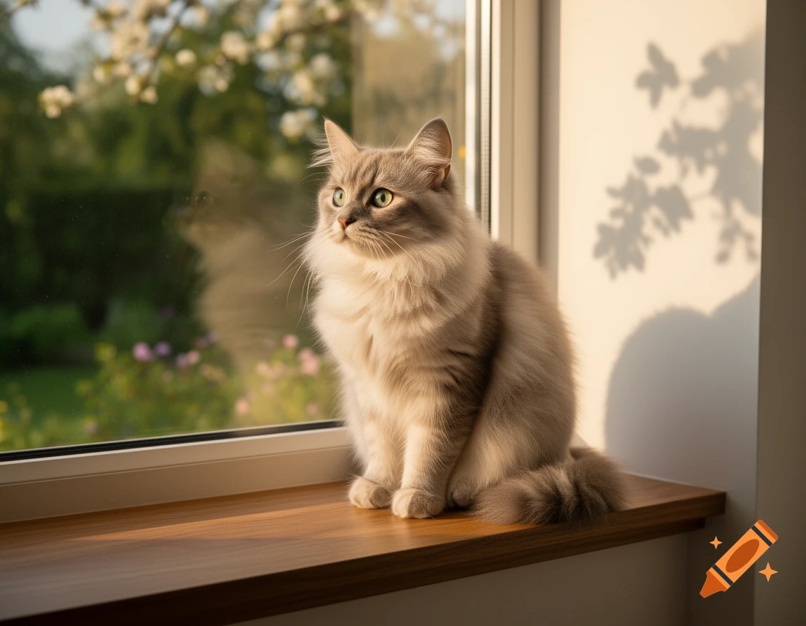 A fluffy grey and white cat sits on a sunlit wooden windowsill, looking ...