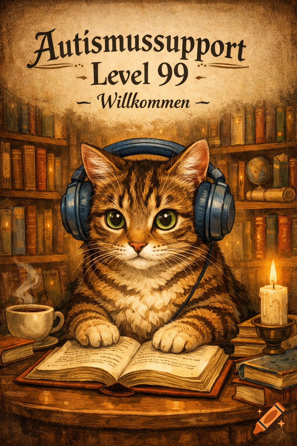Illustrated tabby cat wearing headphones, reading a book at a wooden desk with bookshelves behind it. Text: Autismussupport Level 99 - Willkommen.