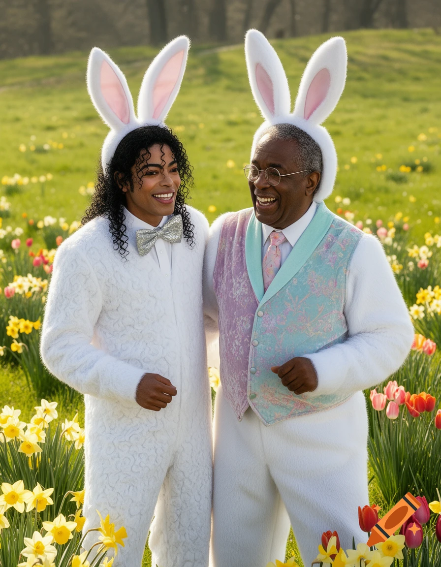 Michael Jackson and Bill Cosby in white Easter bunny costumes, smiling in a vibrant field of daffodils and tulips.
