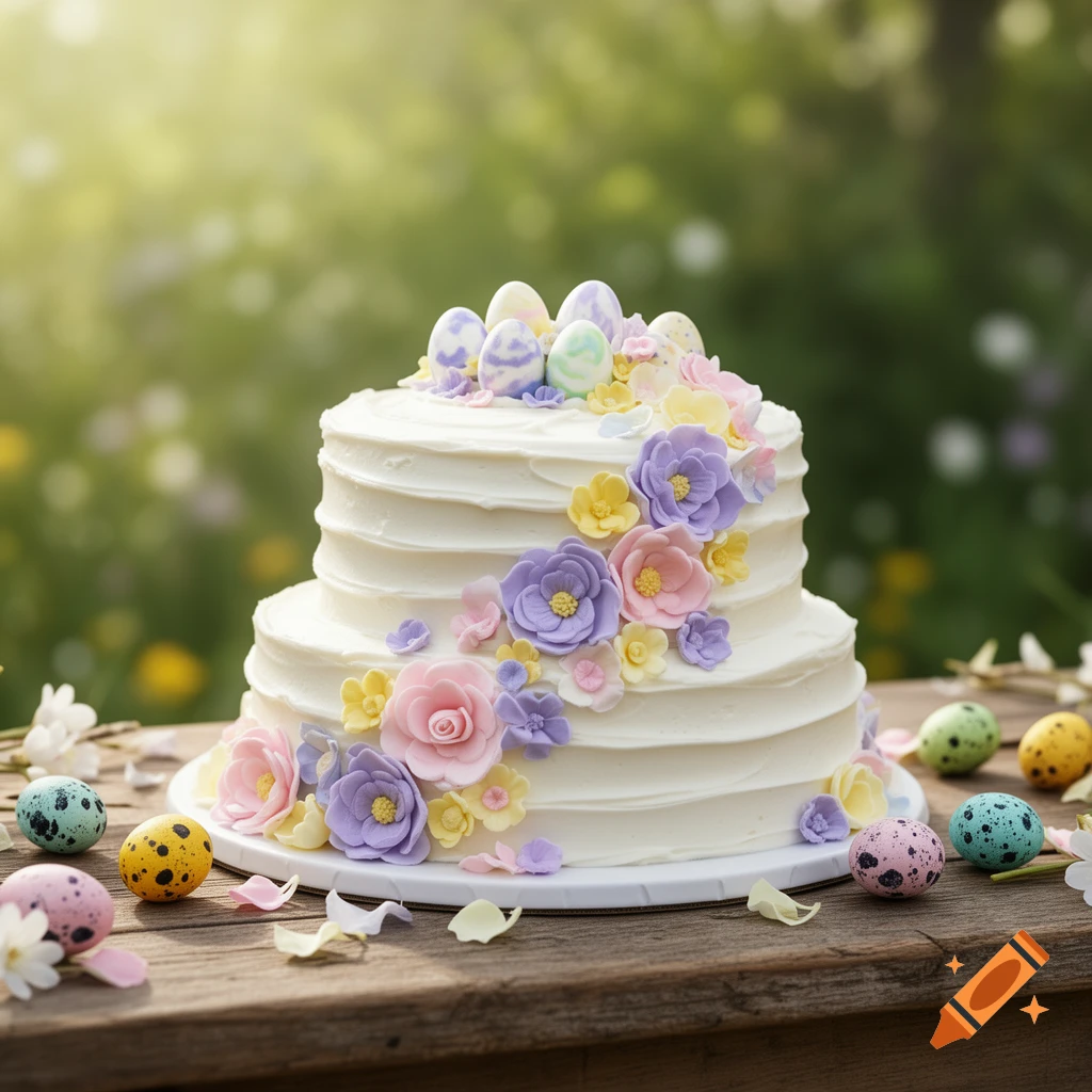 A two-tier white Easter cake decorated with pastel flowers and speckled eggs, on a wooden table in a garden setting.