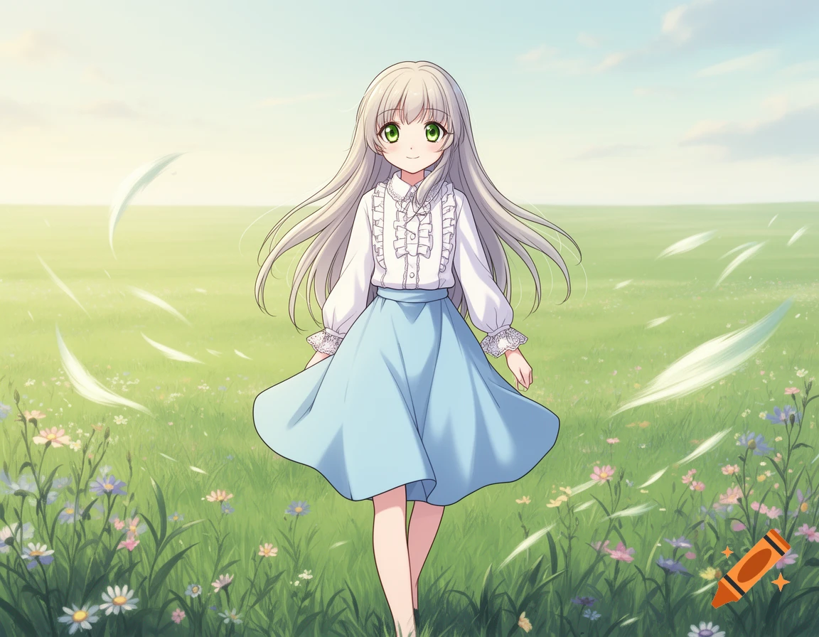An anime girl with long silver hair walks in a sunny green field with wildflowers, under a light blue sky.