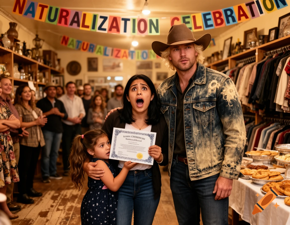 A woman with an open mouth of surprise holds a naturalization certificate while a child hugs her, and a cowboy stands beside them at a celebration.