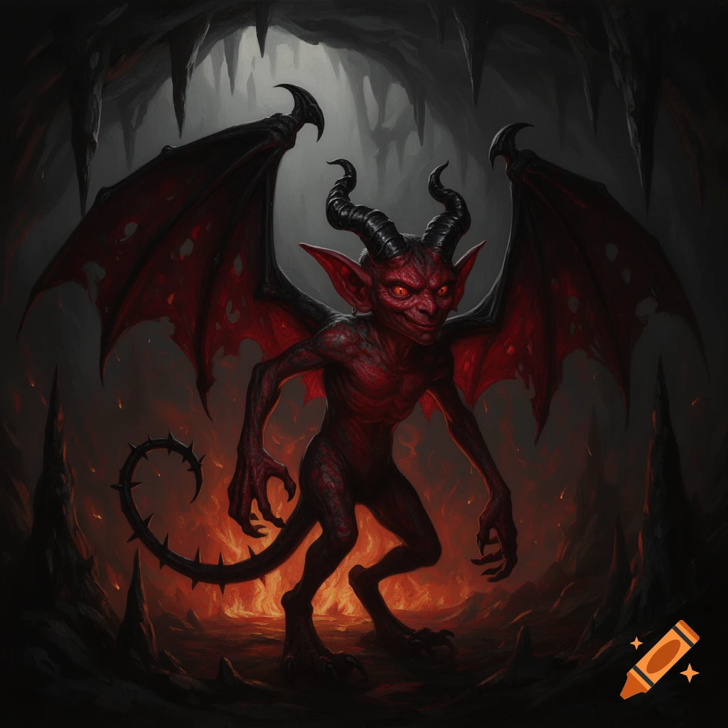 A red-skinned imp demon with bat wings, horns, and a barbed tail stands in a fiery cave, dark fantasy oil painting.