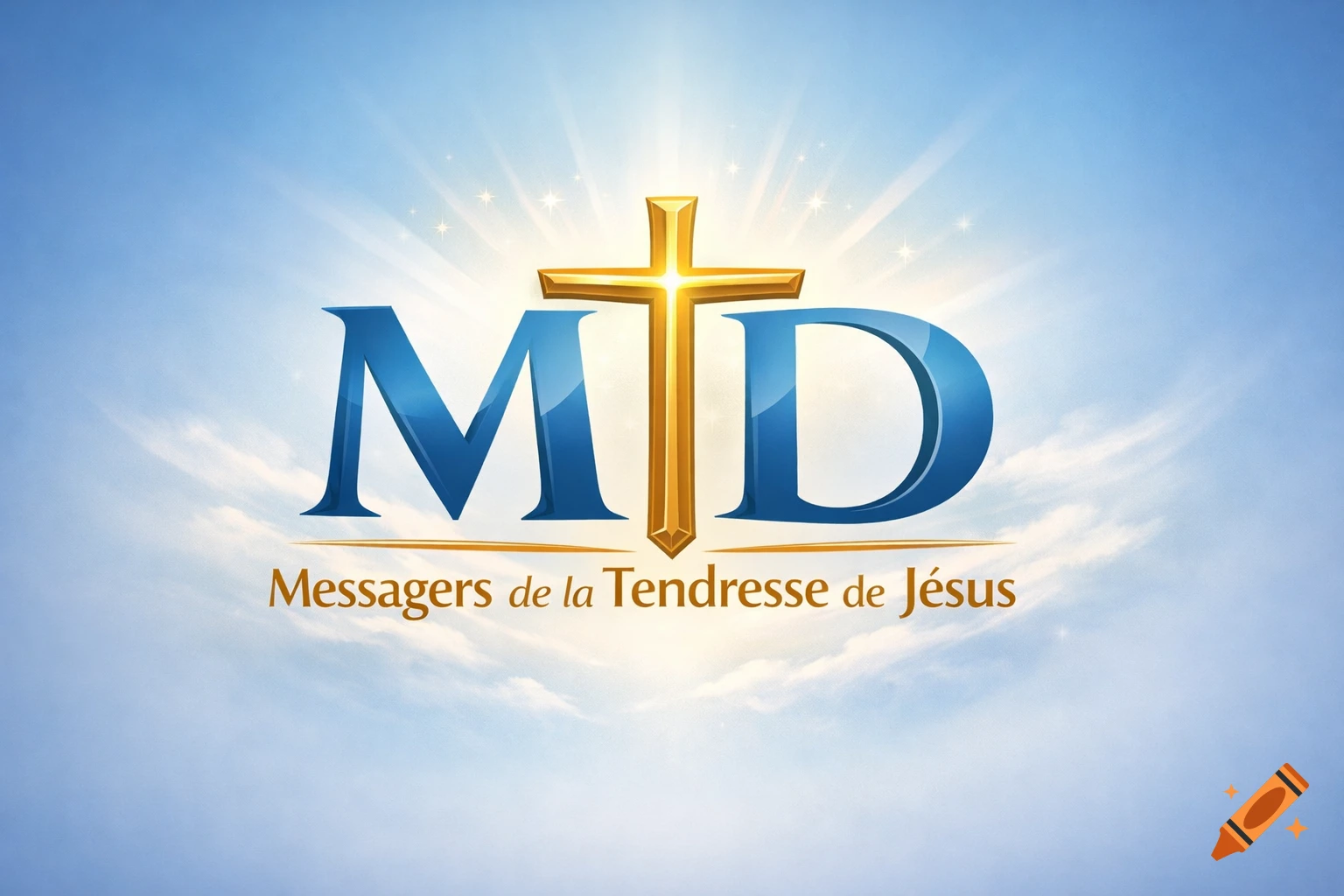 Logo with blue 'M' and 'D' letters, a golden cross replacing the 'T', and the text 'Messagers de la Tendresse de Jésus' against a blue sky.