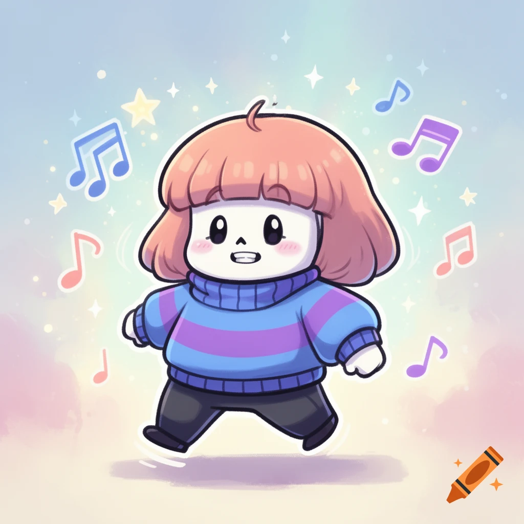 Chibi Frisk from Undertale with pink hair, striped sweater, and black pants, happily walking amidst musical notes and stars.