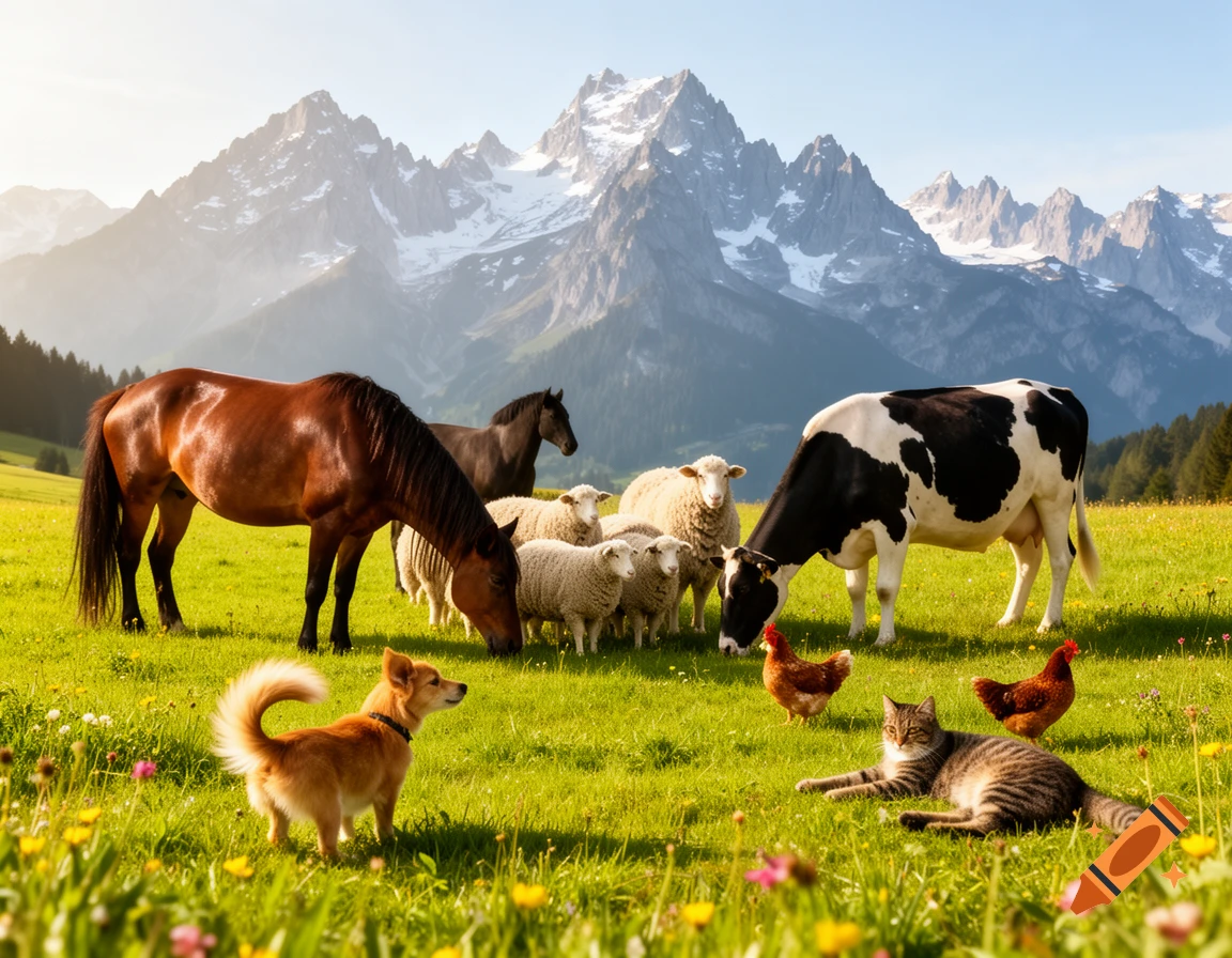 Photorealistic image of horses, cows, sheep, chickens, a dog, and a cat in a green meadow with wildflowers and snow-capped mountains.