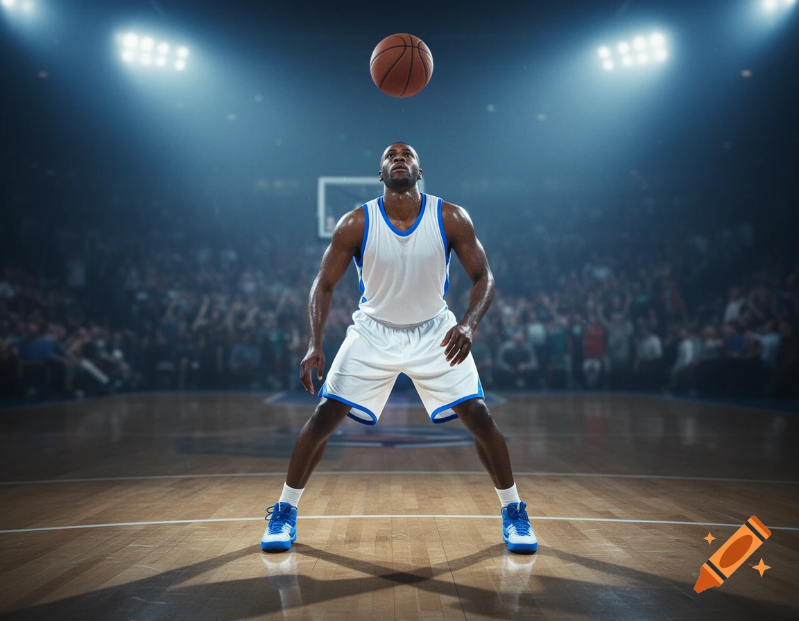 A male basketball player in a white and blue uniform on a brightly lit court, looking up as he tosses a basketball in the air.