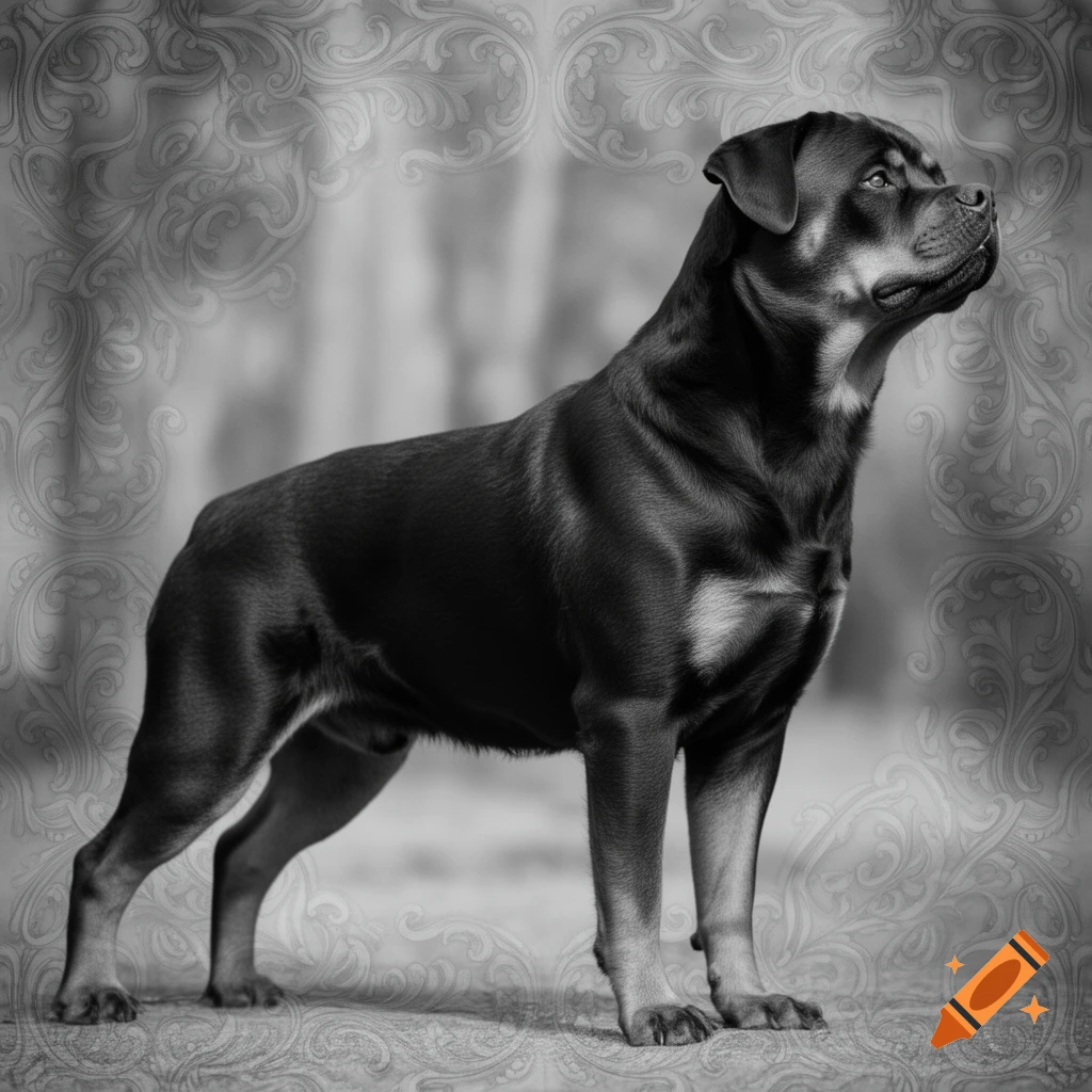 A proud Rottweiler stands in profile against a monochrome background with ornate scrollwork patterns.