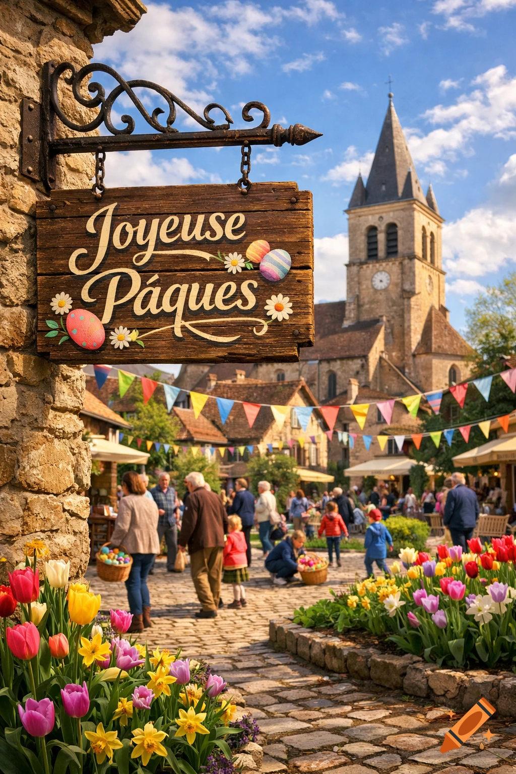 A vibrant Easter market scene in a quaint European village, with a sign reading "Joyeuse Pâques", a church tower, and colorful tulips and daffodils in the foreground.