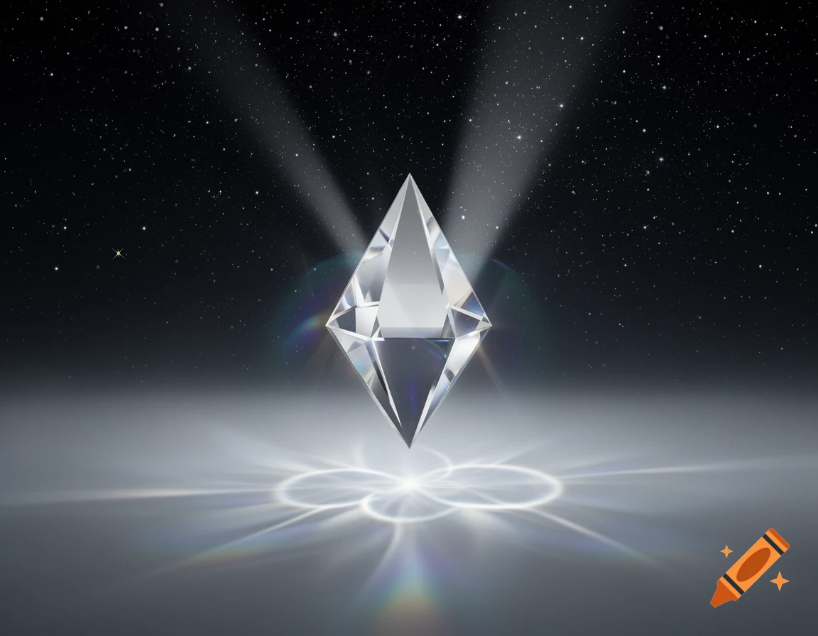 A clear faceted crystal prism floats above a reflective surface, illuminated by light rays from a starry night sky, creating a rainbow halo effect.