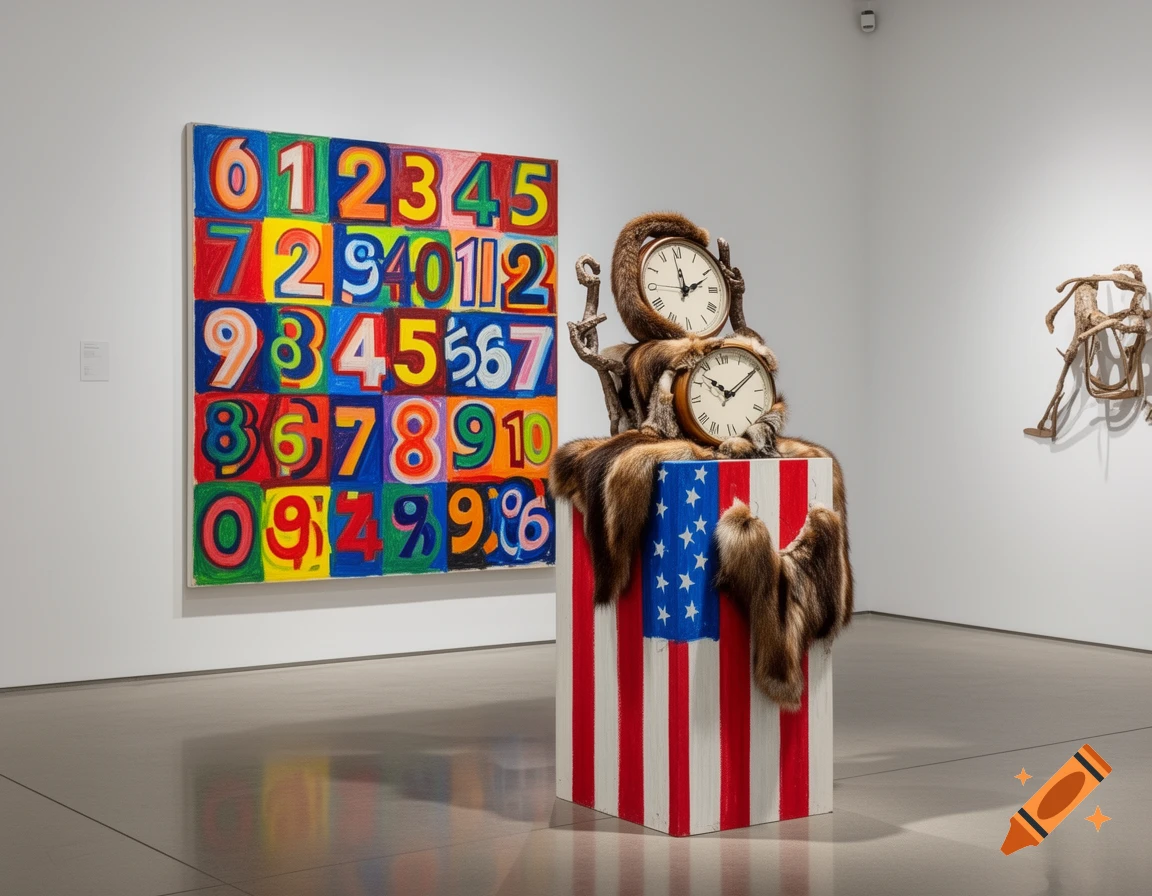 An art gallery featuring a colorful painting of numbers and a sculpture of clocks wrapped in fur on an American flag pedestal.