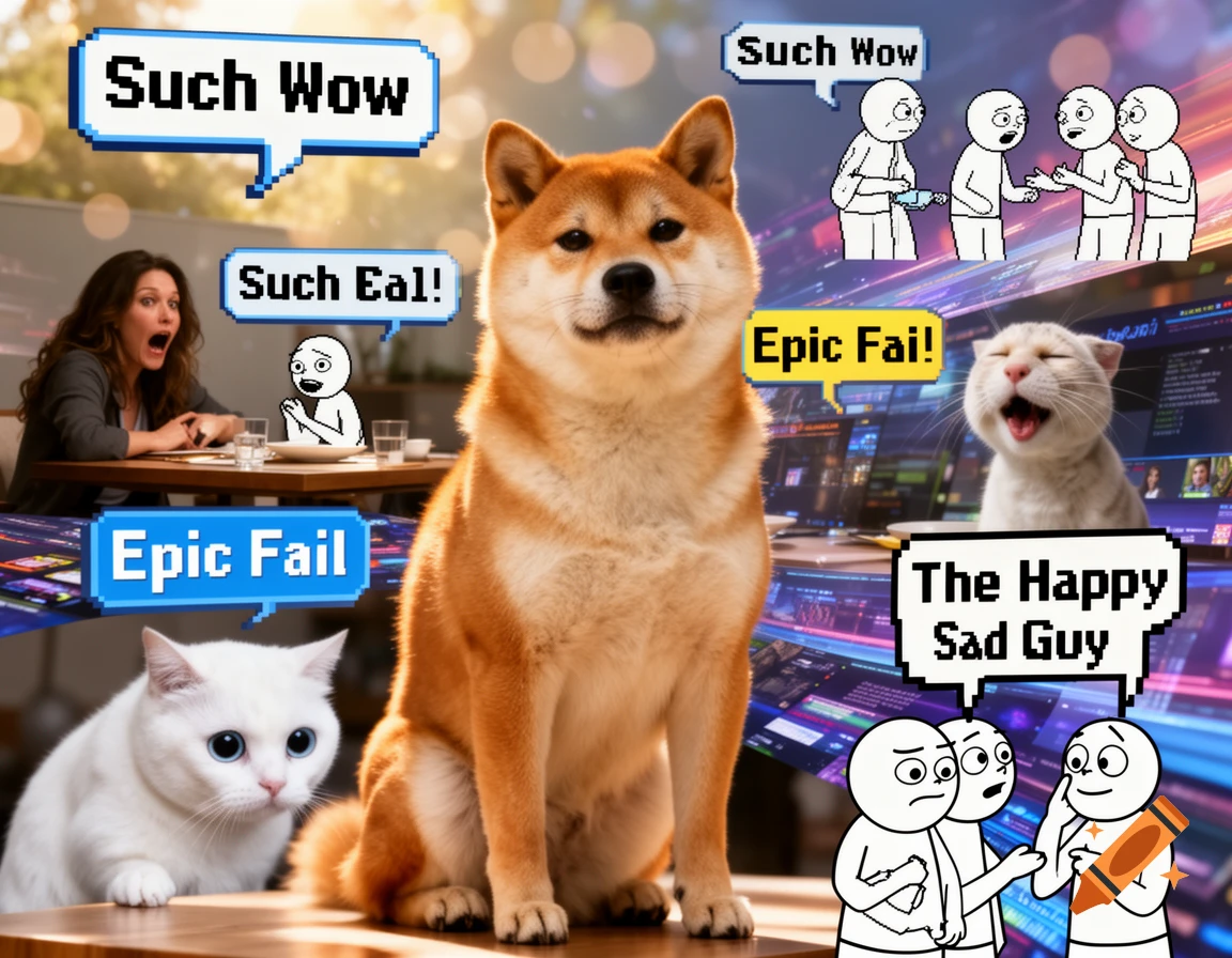Collage of internet memes with a Shiba Inu, white cats, a surprised woman, and stick figures, featuring text bubbles like 'Such Wow' and 'Epic Fail'.