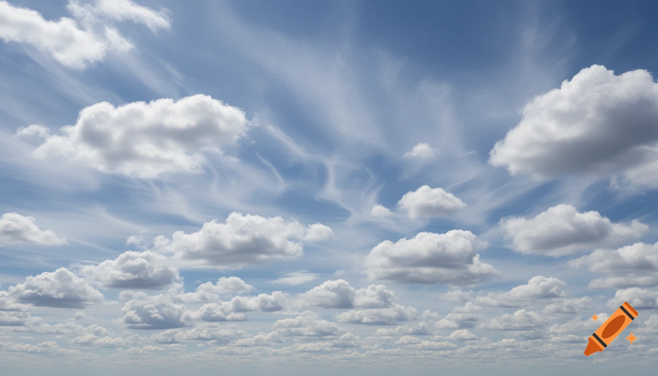 A wide-angle, photorealistic view of a bright blue sky filled with white cumulus and wispy cirrus clouds.