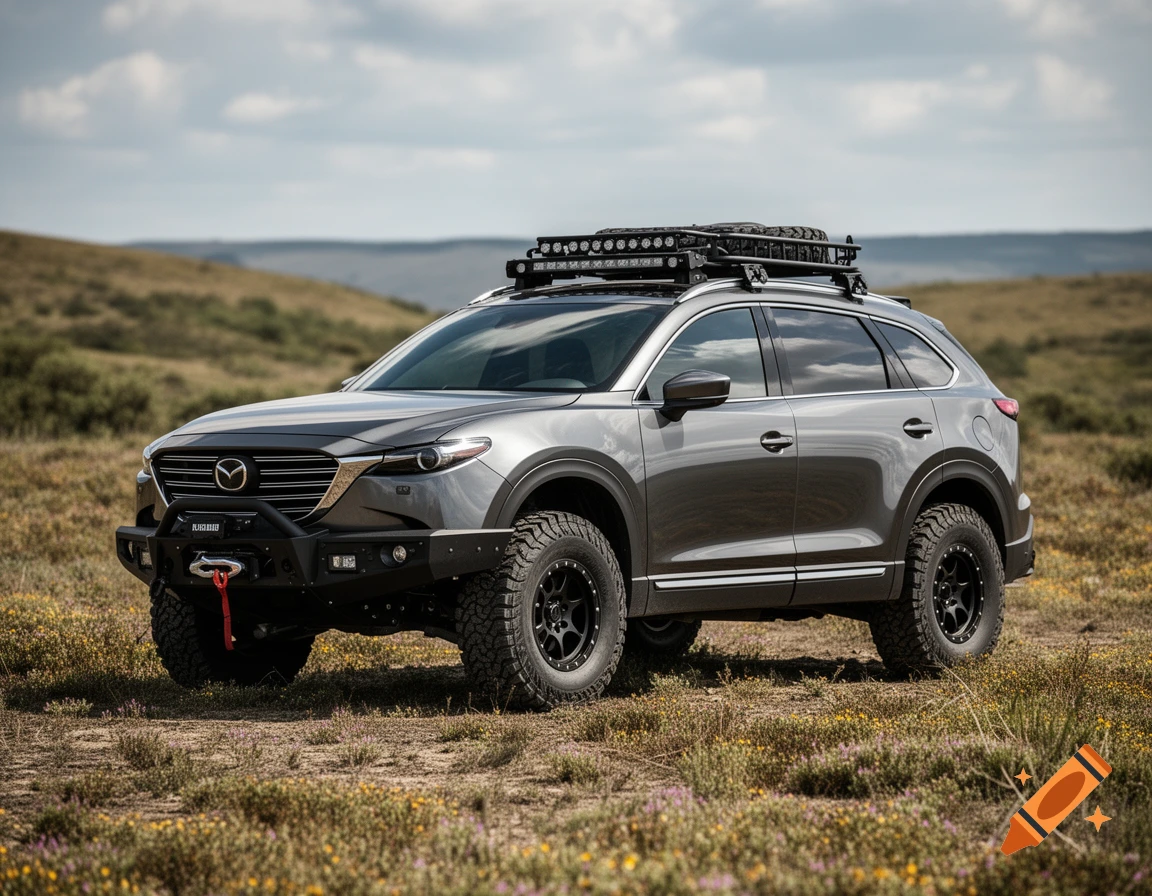 A gray Mazda CX-9 SUV with off-road modifications, including a front bumper and roof rack, parked in a grassy field.