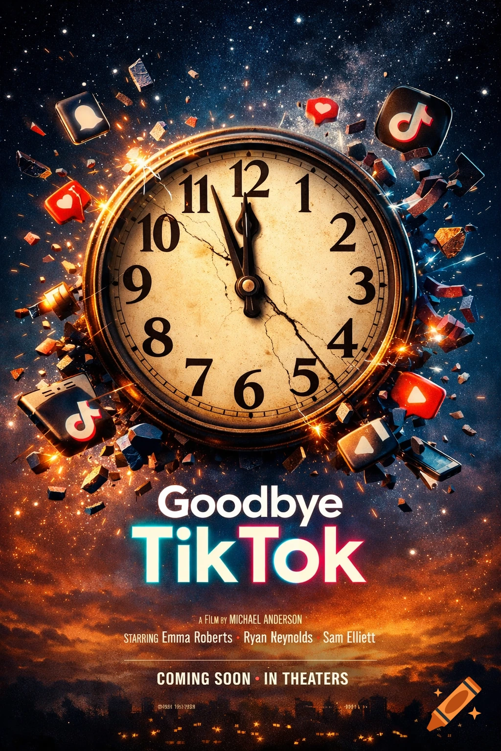 A movie poster for 'Goodbye TikTok' shows an antique clock exploding amidst social media icons and debris in a starry sky, with a city skyline below.