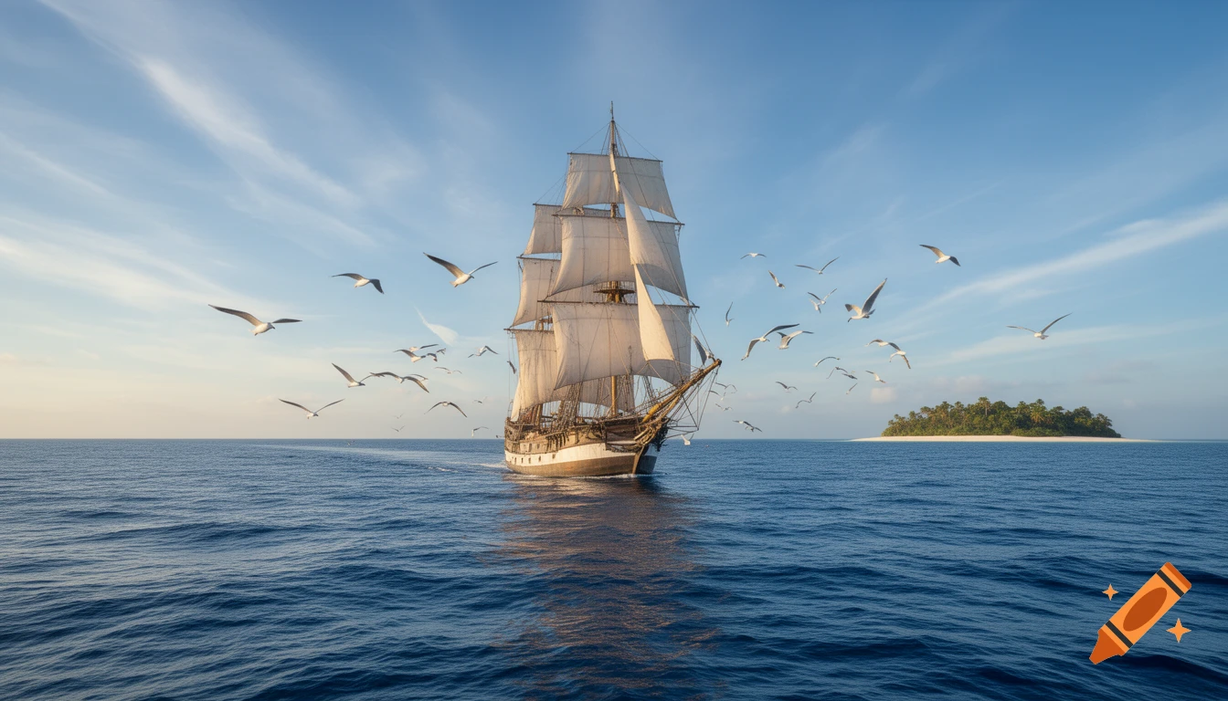 A photorealistic tall ship sails on the blue ocean with seagulls flying, a tropical island in the distance under a clear sky.