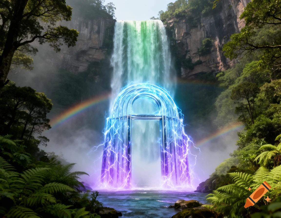 A vibrant green and blue waterfall cascades into a river with a glowing blue and purple electric arched gate, surrounded by lush jungle and a rainbow.