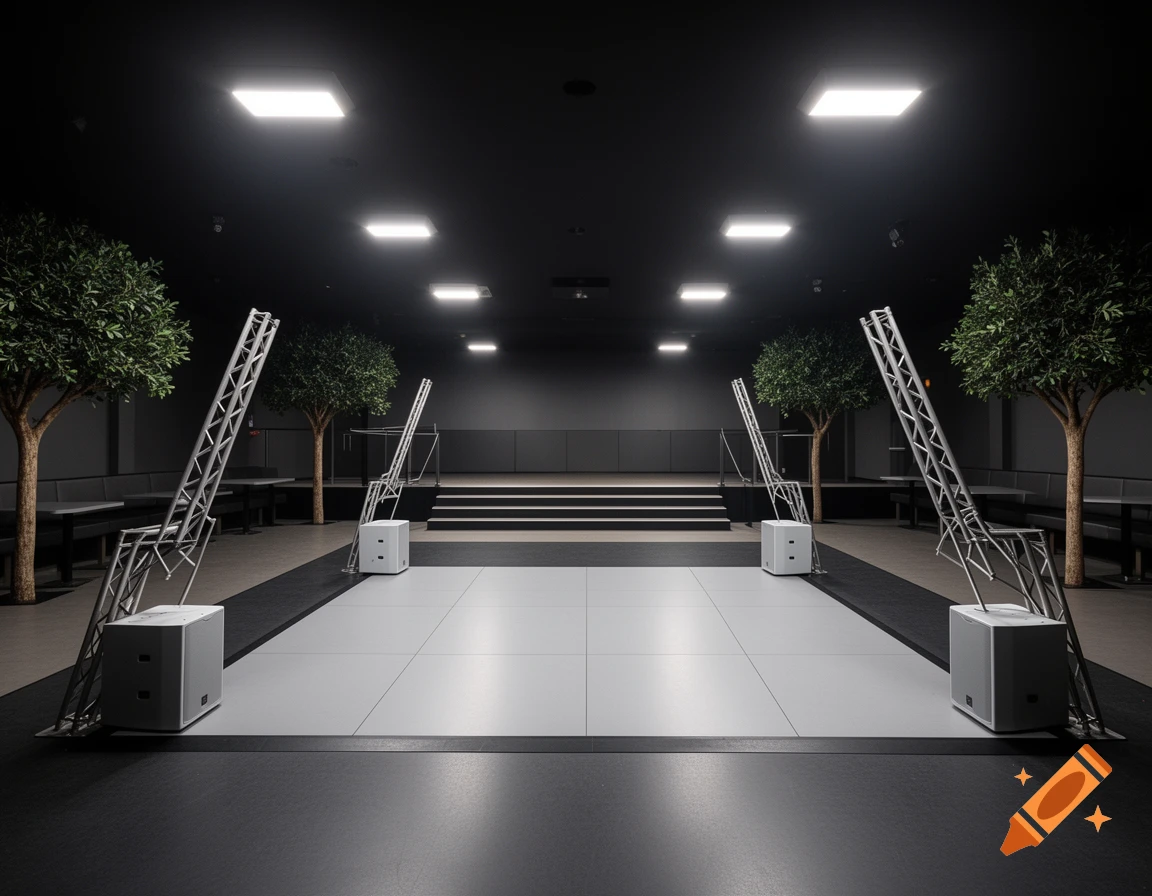 Photorealistic image of an empty, modern nightclub with a central light gray dance floor, dark surrounding walkway, and several trees, under bright, neutral lighting.