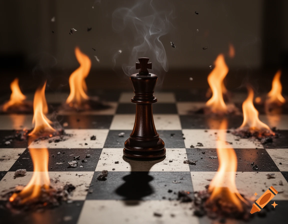 A dark chess king piece stands centrally on a burning chessboard, surrounded by flames, smoke, and debris.